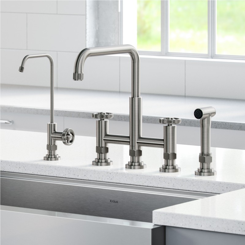 Urbix™ Industrial Bridge Kitchen Faucet and Water Filter Faucet Combo in Spot Free Stainless Steel