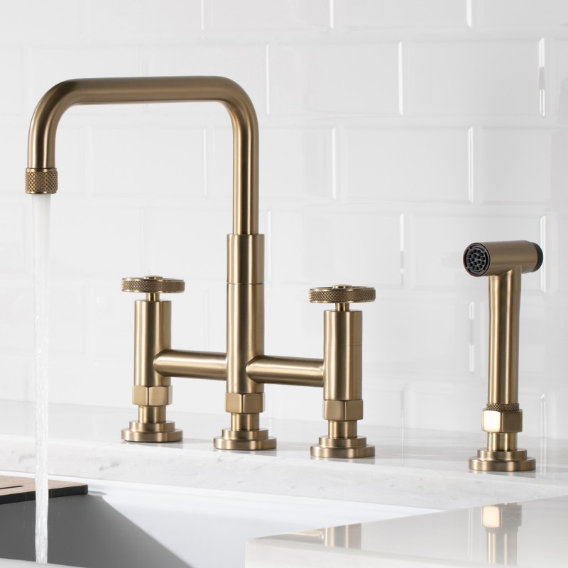 Urbix™ Industrial Bridge Kitchen Faucet with Side Sprayer in Brushed Gold