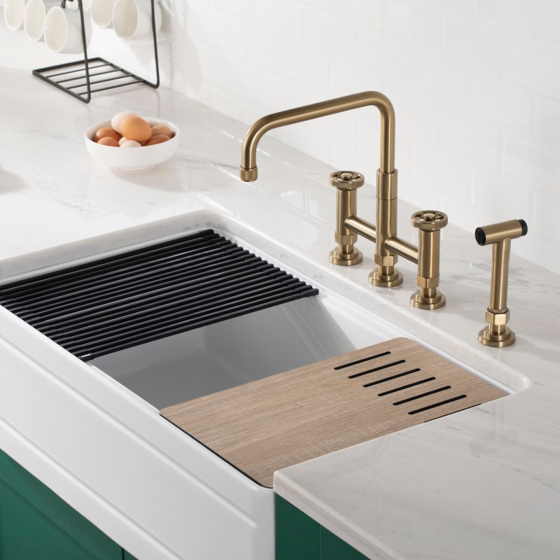 Urbix™ Industrial Bridge Kitchen Faucet with Side Sprayer in Brushed Gold