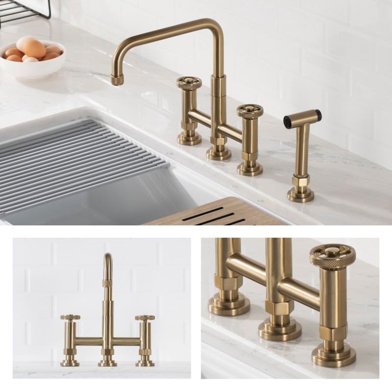 Urbix™ Industrial Bridge Kitchen Faucet with Side Sprayer in Brushed Gold