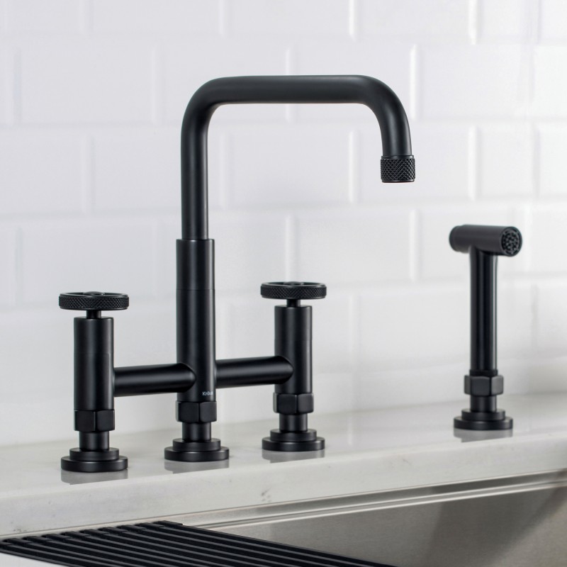 Urbix™ Industrial Bridge Kitchen Faucet with Side Sprayer in Matte Black