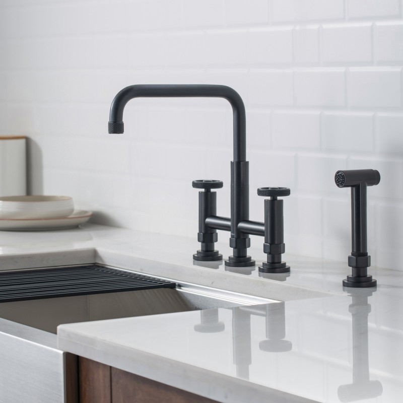Urbix™ Industrial Bridge Kitchen Faucet with Side Sprayer in Matte Black