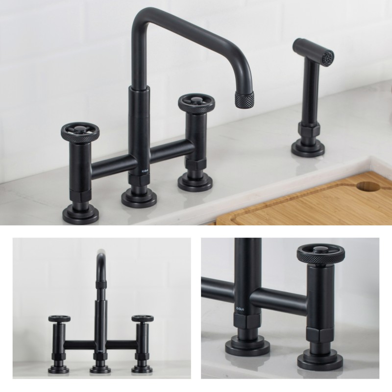 Urbix™ Industrial Bridge Kitchen Faucet with Side Sprayer in Matte Black
