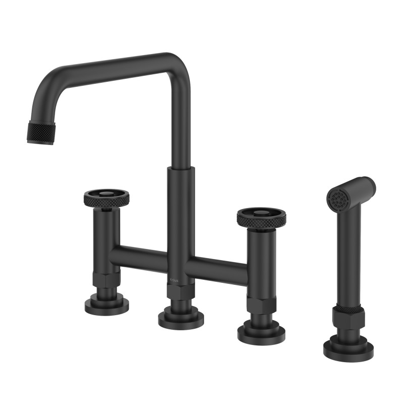 Urbix™ Color-Changing Industrial Bridge Kitchen Faucet with Side Sprayer and ColorSmart™ Technology in Matte Black / Grey
