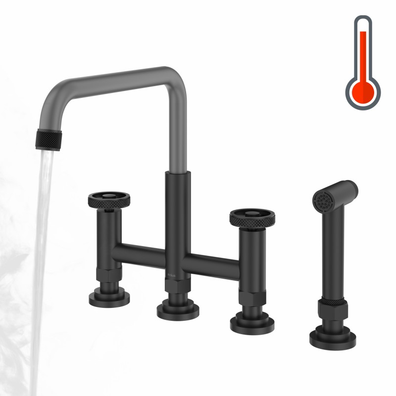 Urbix™ Color-Changing Industrial Bridge Kitchen Faucet with Side Sprayer and ColorSmart™ Technology in Matte Black / Grey