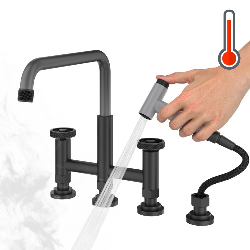 Urbix™ Color-Changing Industrial Bridge Kitchen Faucet with Side Sprayer and ColorSmart™ Technology in Matte Black / Grey