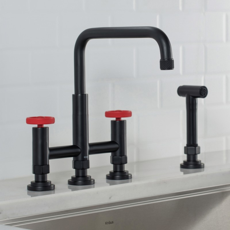 Urbix™ Industrial Bridge Kitchen Faucet with Side Sprayer in Matte Black/Red