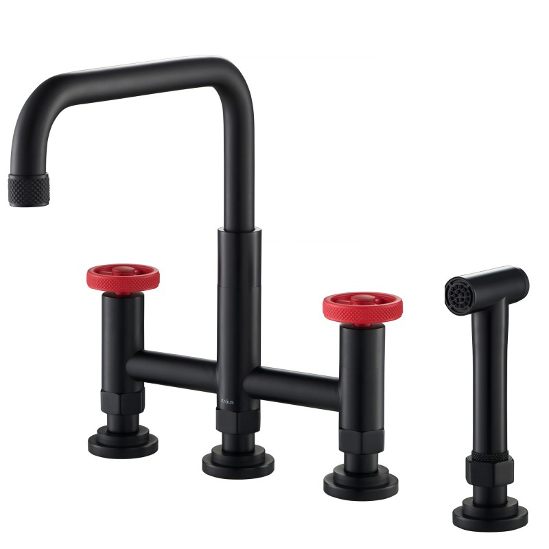 Urbix™ Industrial Bridge Kitchen Faucet with Side Sprayer in Matte Black/Red