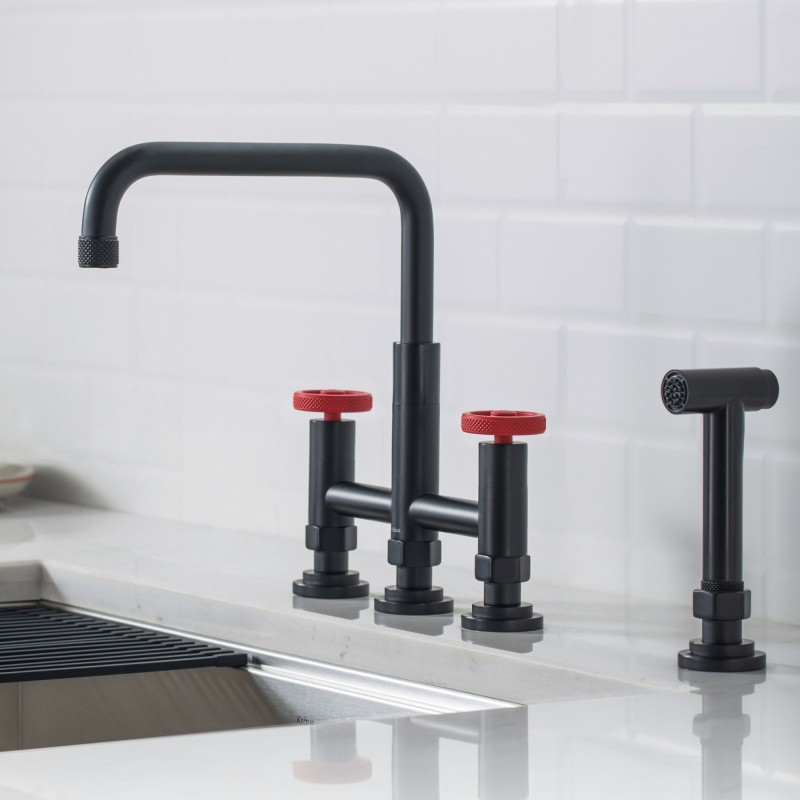 Urbix™ Industrial Bridge Kitchen Faucet with Side Sprayer in Matte Black/Red