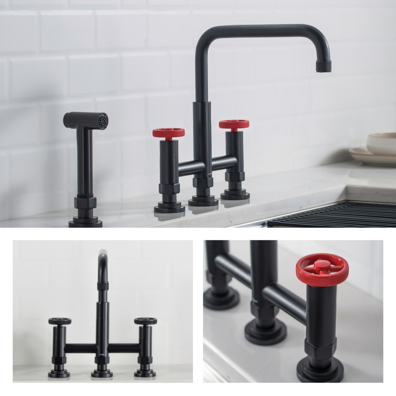 Urbix™ Industrial Bridge Kitchen Faucet with Side Sprayer in Matte Black/Red