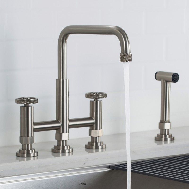 Urbix™ Industrial Bridge Kitchen Faucet with Side Sprayer in Spot Free Stainless Steel