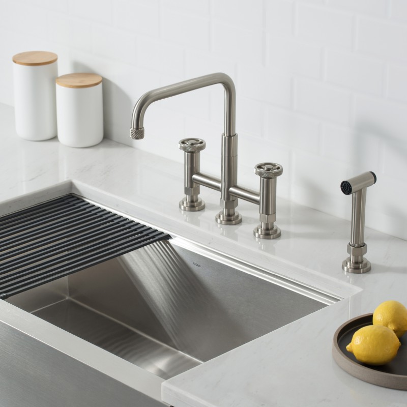 Urbix™ Industrial Bridge Kitchen Faucet with Side Sprayer in Spot Free Stainless Steel