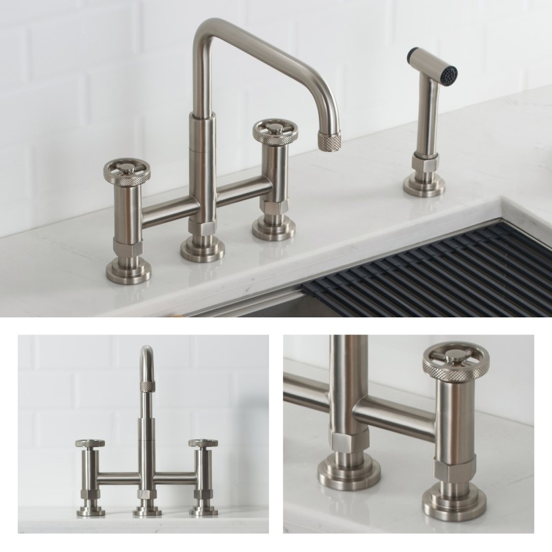 Urbix™ Industrial Bridge Kitchen Faucet with Side Sprayer in Spot Free Stainless Steel