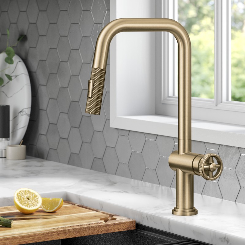 Urbix™ Industrial Pull-Down Single Handle Kitchen Faucet in Brushed Gold