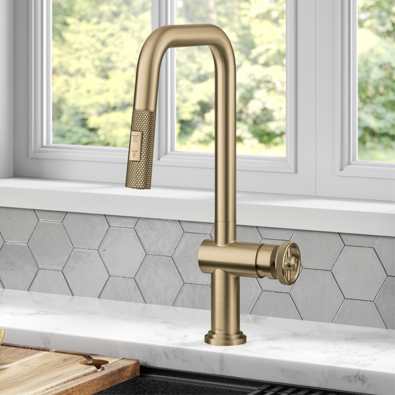 Urbix™ Industrial Pull-Down Single Handle Kitchen Faucet in Brushed Gold