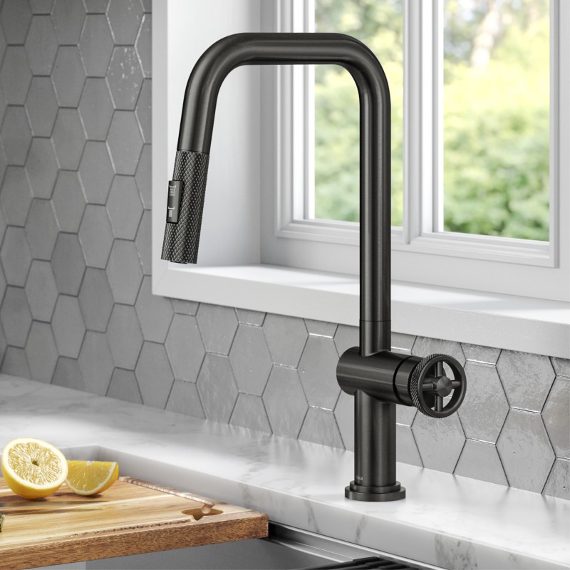 Urbix™ Industrial Pull-Down Single Handle Kitchen Faucet in Black Stainless Steel