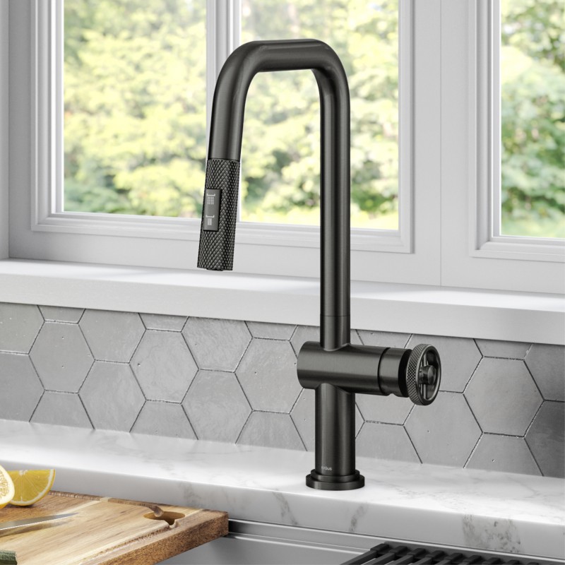 Urbix™ Industrial Pull-Down Single Handle Kitchen Faucet in Black Stainless Steel