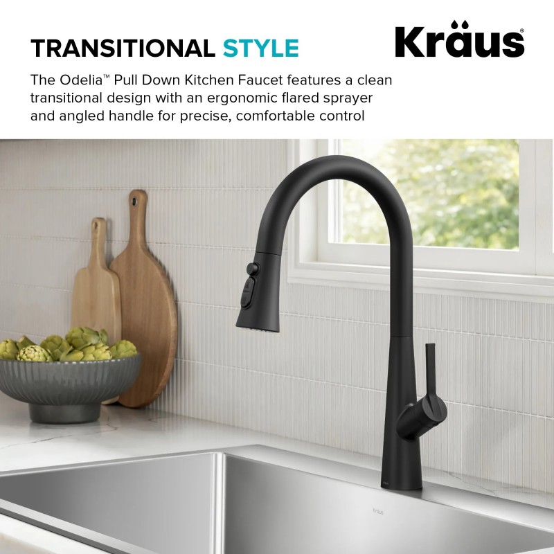 Odelia™ 4-Function Single Handle Pull Down Kitchen Faucet with CleanSweep™ Blade Spray in Matte Black