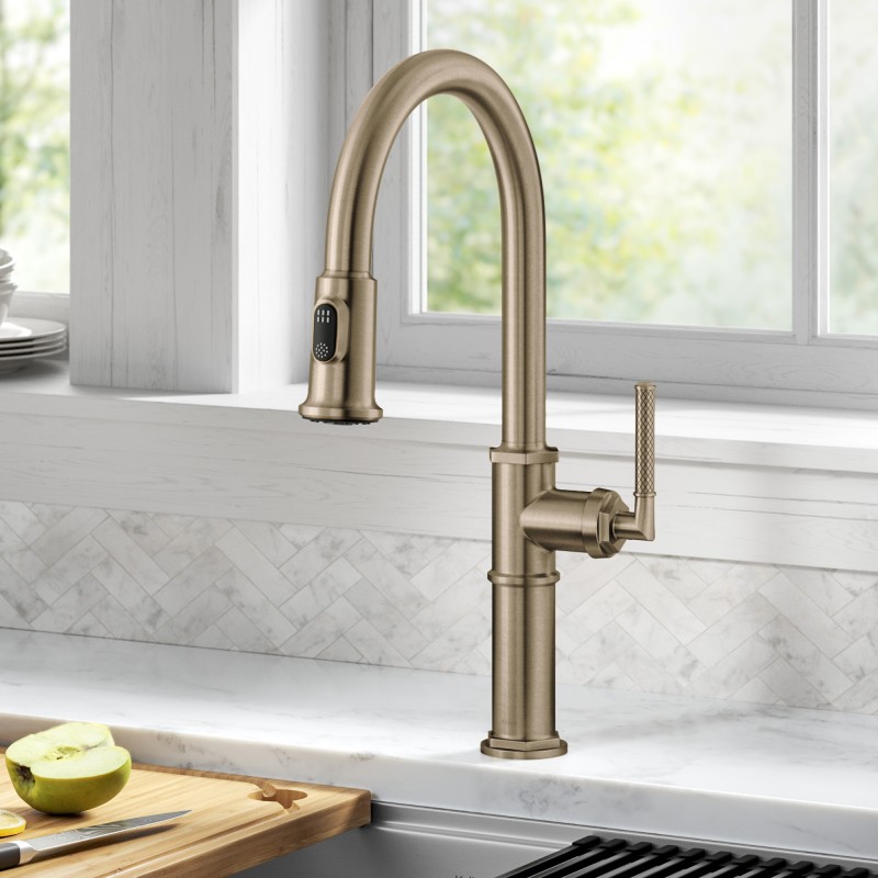 Allyn™ Traditional Industrial Pull-Down Single Handle Kitchen Faucet in Brushed Gold