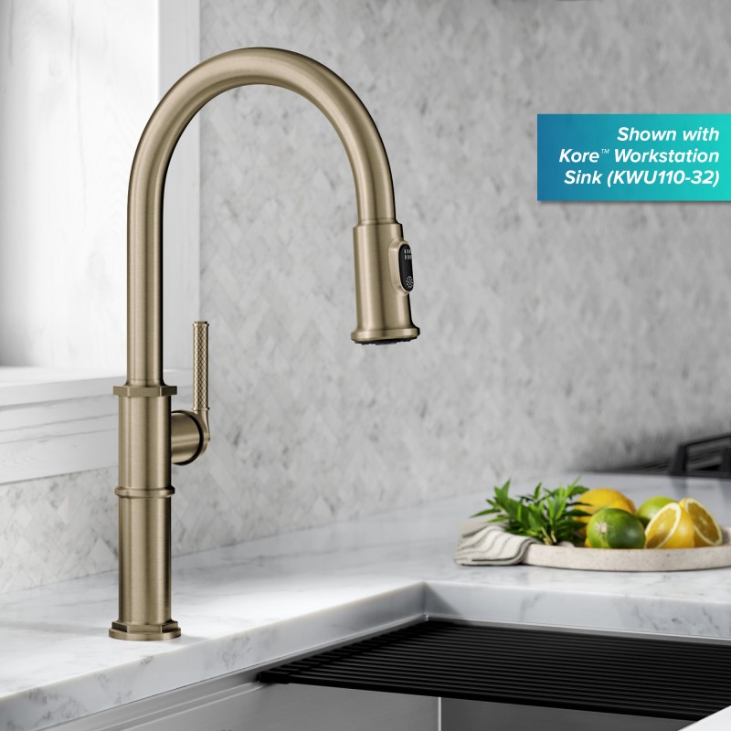 Allyn™ Traditional Industrial Pull-Down Single Handle Kitchen Faucet in Brushed Gold