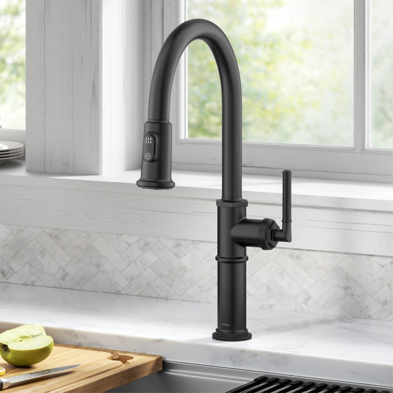 Allyn™ Traditional Industrial Pull-Down Single Handle Kitchen Faucet in Matte Black