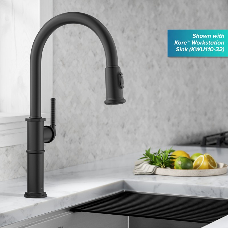 Allyn™ Traditional Industrial Pull-Down Single Handle Kitchen Faucet in Matte Black