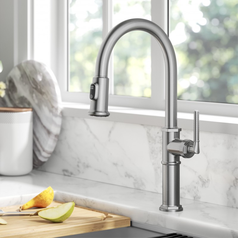 Allyn™ Traditional Industrial Pull-Down Single Handle Kitchen Faucet in Spot-Free Stainless Steel