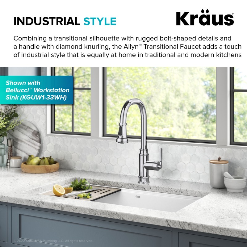 Allyn™ Transitional Industrial Pull-Down Single Handle Kitchen Faucet in Chrome