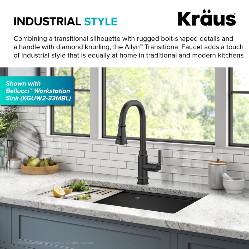 Allyn™ Transitional Industrial Pull-Down Single Handle Kitchen Faucet in Matte Black