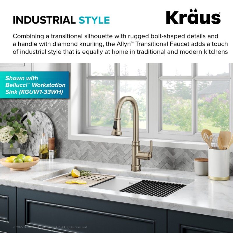 Allyn™ Transitional Industrial Pull-Down Single Handle Kitchen Faucet in Spot-Free Antique Champagne Bronze