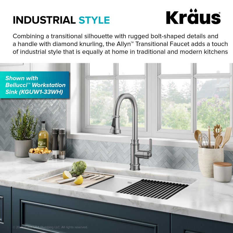 Allyn™ Transitional Industrial Pull-Down Single Handle Kitchen Faucet in Spot-Free Stainless Steel