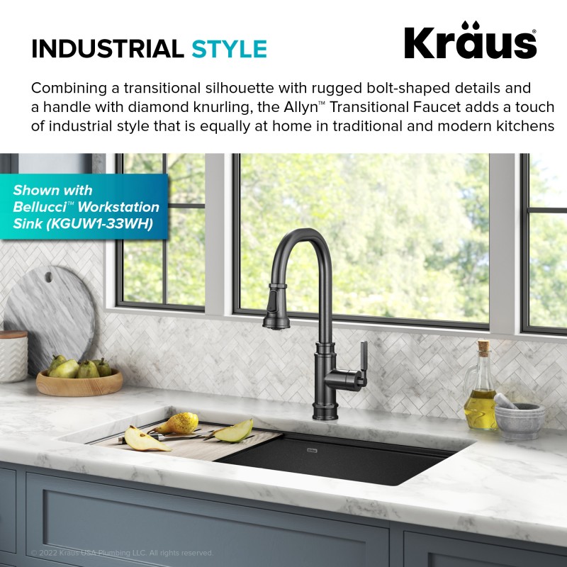 Allyn™ Transitional Industrial Pull-Down Single Handle Kitchen Faucet in Spot-Free Black Stainless Steel