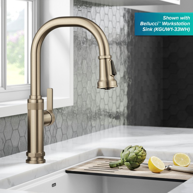 Allyn™ Industrial Pull-Down Single Handle Kitchen Faucet in Spot-Free Antique Champagne Bronze
