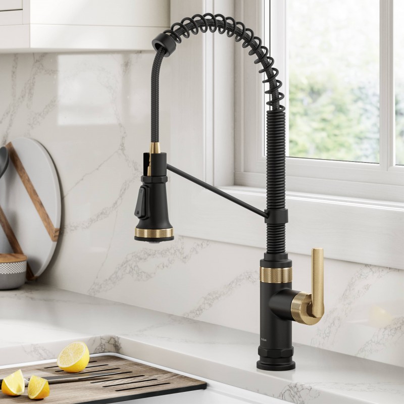 Allyn™ Commercial Style 2-Function Single Handle Pull Down Kitchen Faucet in Spot-Free Brushed Brass / Matte Black
