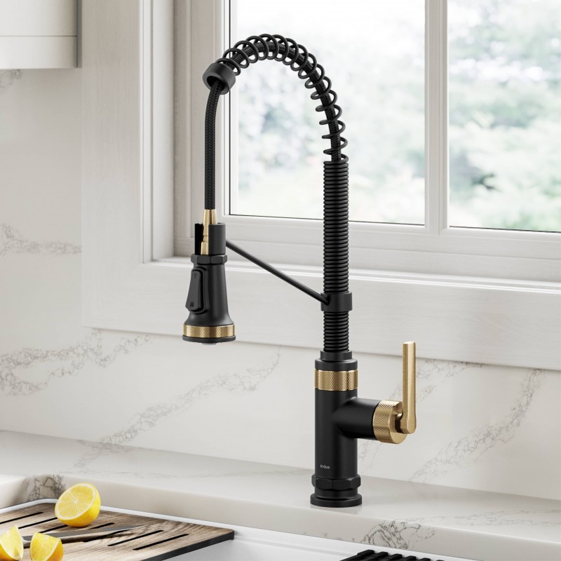Allyn™ Commercial Style 2-Function Single Handle Pull Down Kitchen Faucet in Spot-Free Brushed Brass / Matte Black