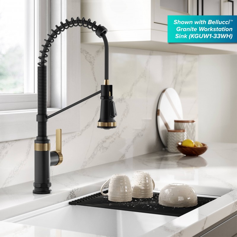 Allyn™ Commercial Style 2-Function Single Handle Pull Down Kitchen Faucet in Spot-Free Brushed Brass / Matte Black