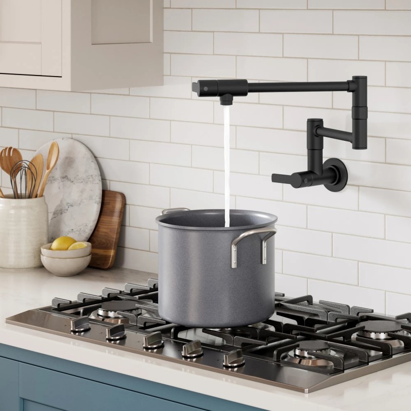 Oletto™ Wall Mount Pot Filler Kitchen Faucet with Retractable Arm in Matte Black