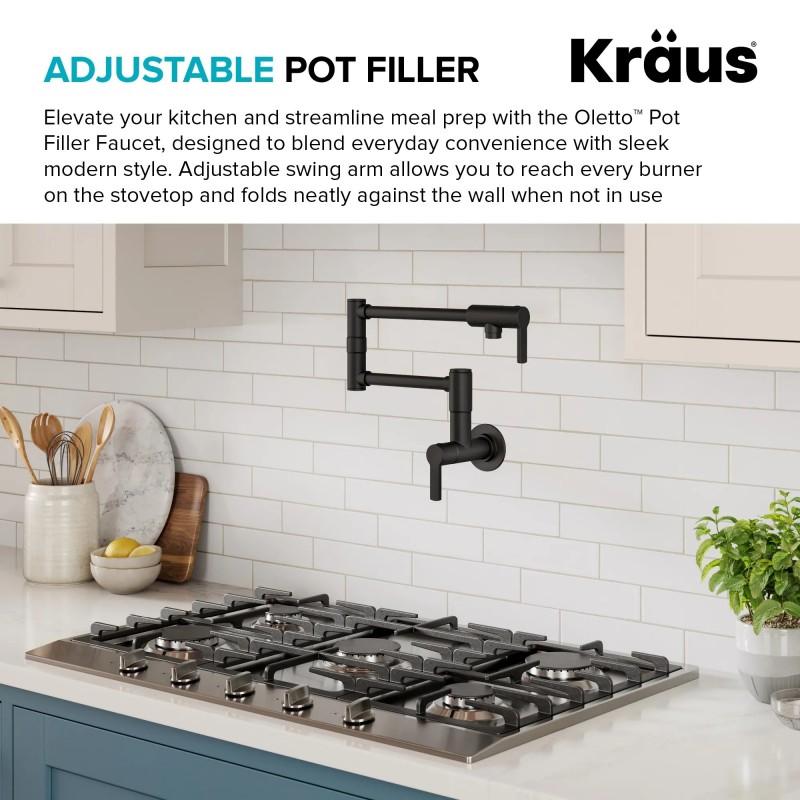 Oletto™ Wall Mount Pot Filler Kitchen Faucet with Retractable Arm in Matte Black