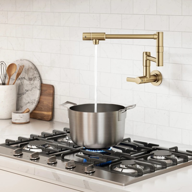 Oletto™ Wall Mount Pot Filler Kitchen Faucet with Retractable Arm in Spot-Free Brushed Brass
