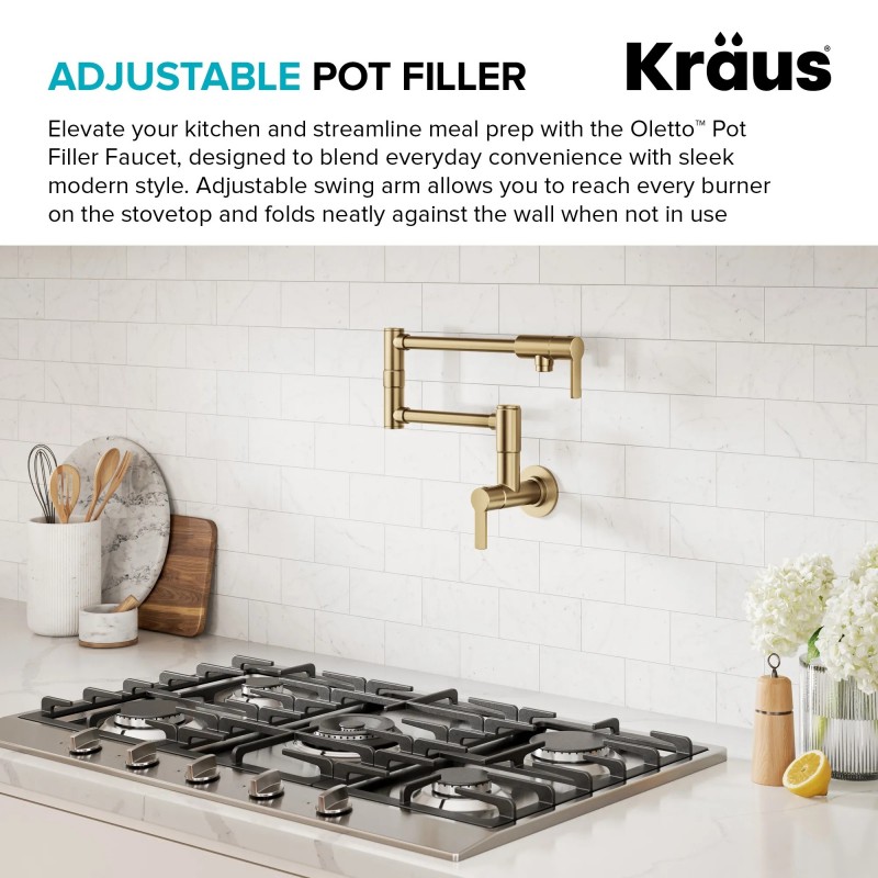 Oletto™ Wall Mount Pot Filler Kitchen Faucet with Retractable Arm in Spot-Free Brushed Brass