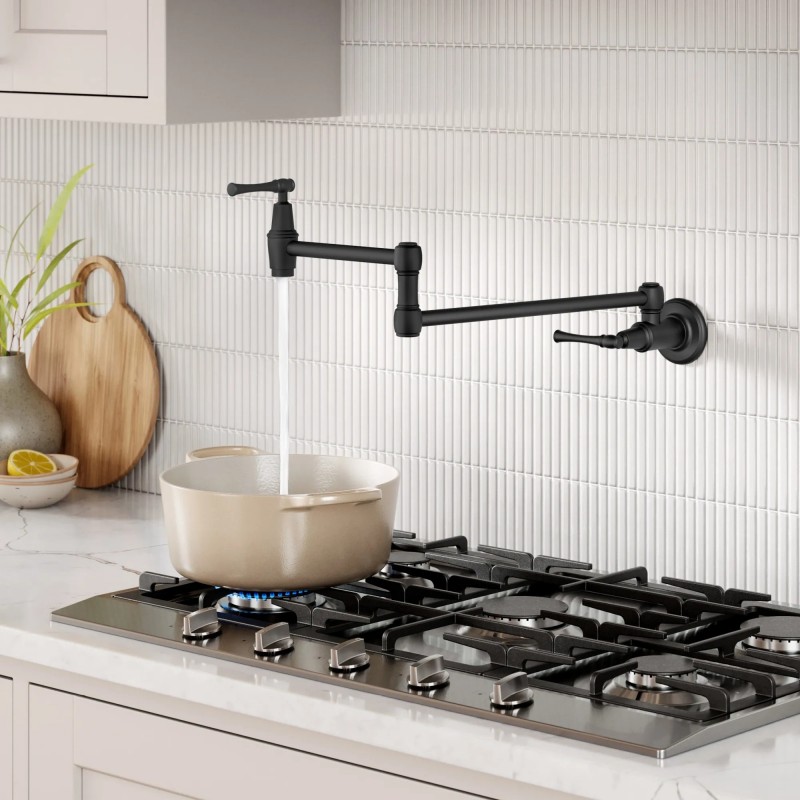 Allyn™ Wall Mount Pot Filler Kitchen Faucet with Retractable Arm in Matte Black