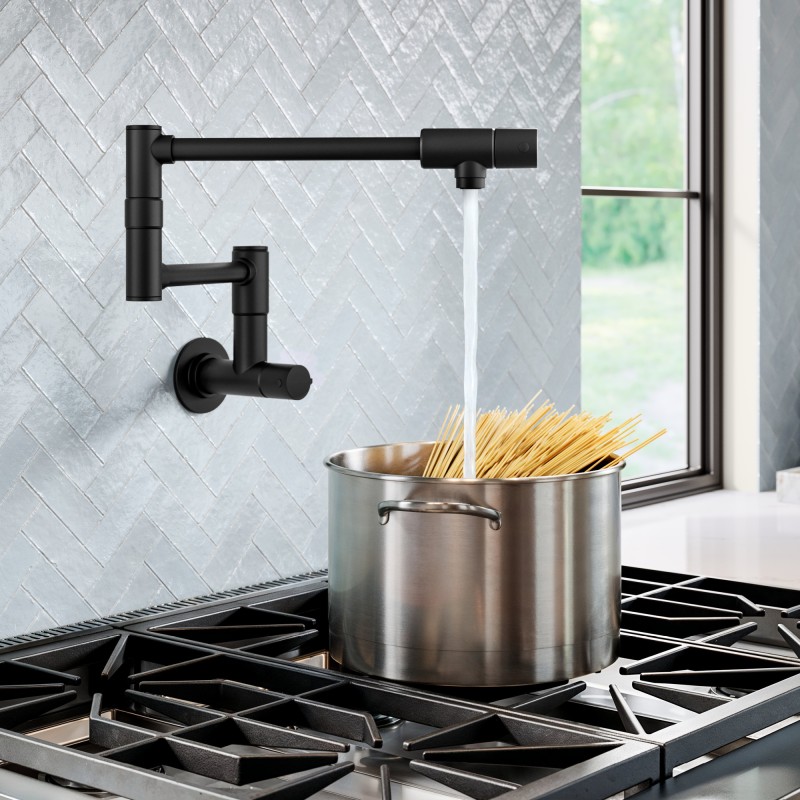 Bolden™ 2 Handle Wall Mount Pot Filler Faucet with Retractable Arm in Matte Black