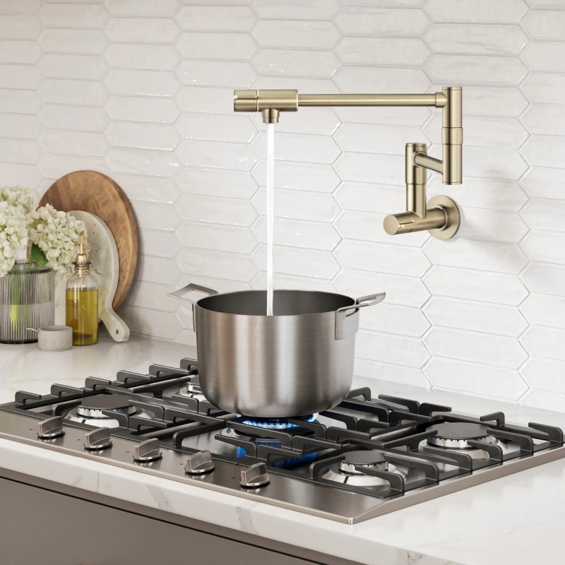 Bolden™ 2 Handle Wall Mount Pot Filler Faucet with Retractable Arm in Spot-Free Antique Champagne Bronze