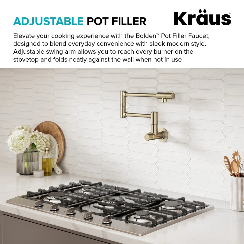 Bolden™ 2 Handle Wall Mount Pot Filler Faucet with Retractable Arm in Spot-Free Antique Champagne Bronze
