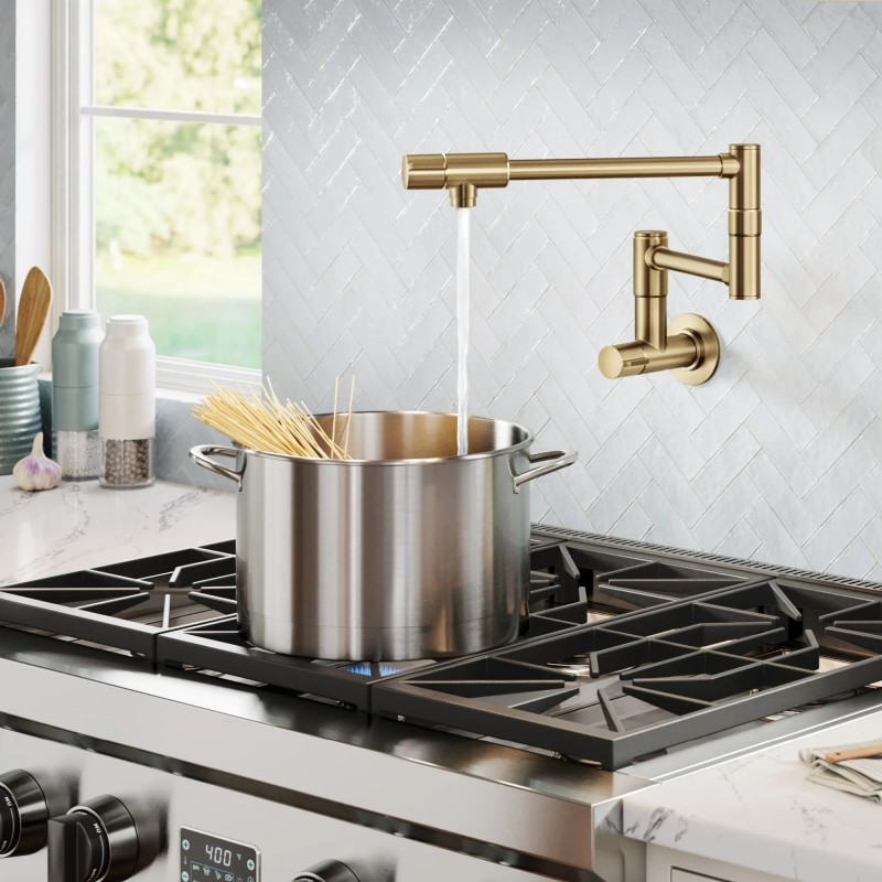 Bolden™ 2 Handle Wall Mount Pot Filler Faucet with Retractable Arm in Spot-Free Spot-Free Brushed Brass
