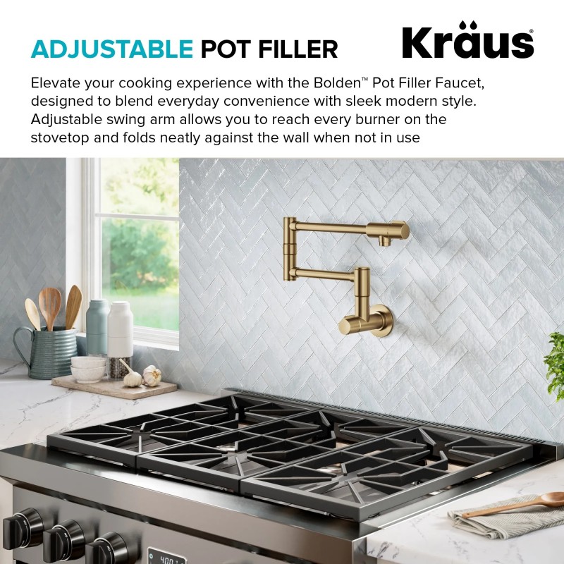 Bolden™ 2 Handle Wall Mount Pot Filler Faucet with Retractable Arm in Spot-Free Spot-Free Brushed Brass