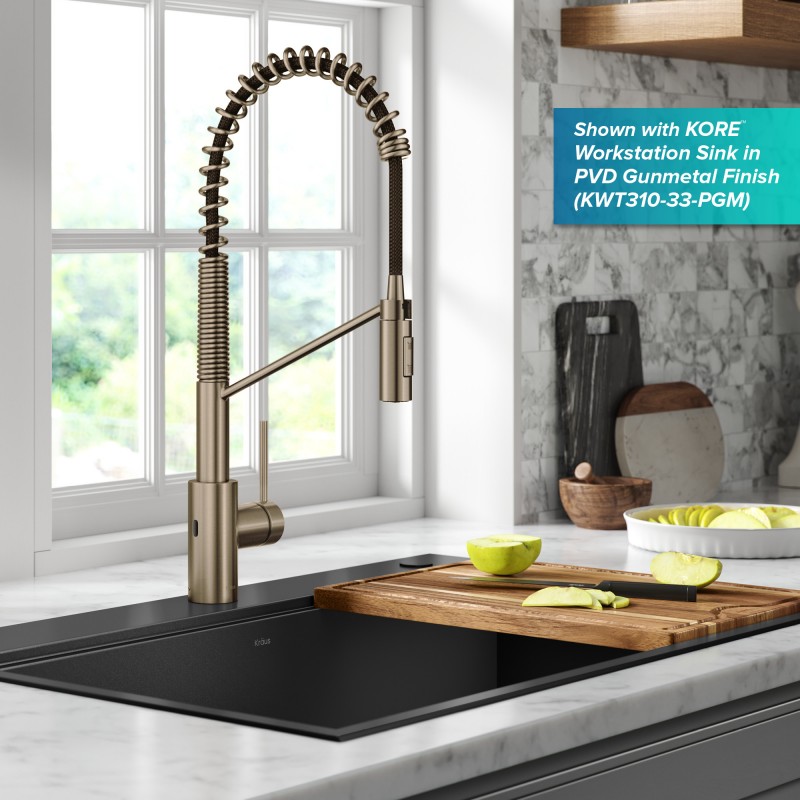 Oletto™ Touchless Sensor Commercial Pull-Down Single Handle Kitchen Faucet with QuickDock™ Top Mount Assembly in Spot Free Antique Champagne Bronze