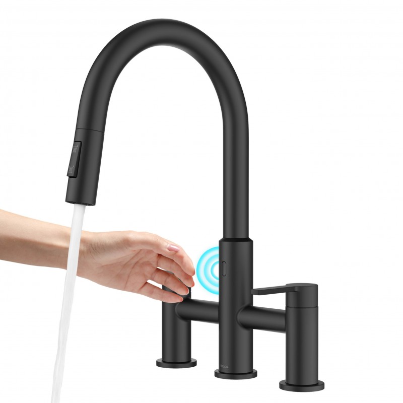 Oletto™ Touchless Sensor Bridge Kitchen Faucet with Pull-Down Sprayhead in Matte Black