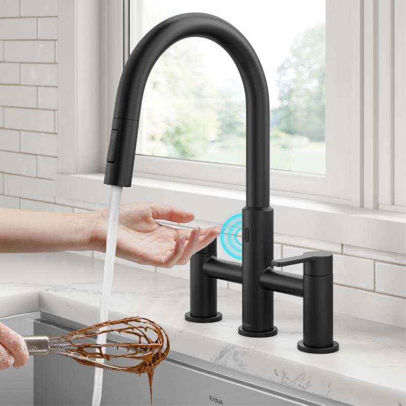 Oletto™ Touchless Sensor Bridge Kitchen Faucet with Pull-Down Sprayhead in Matte Black