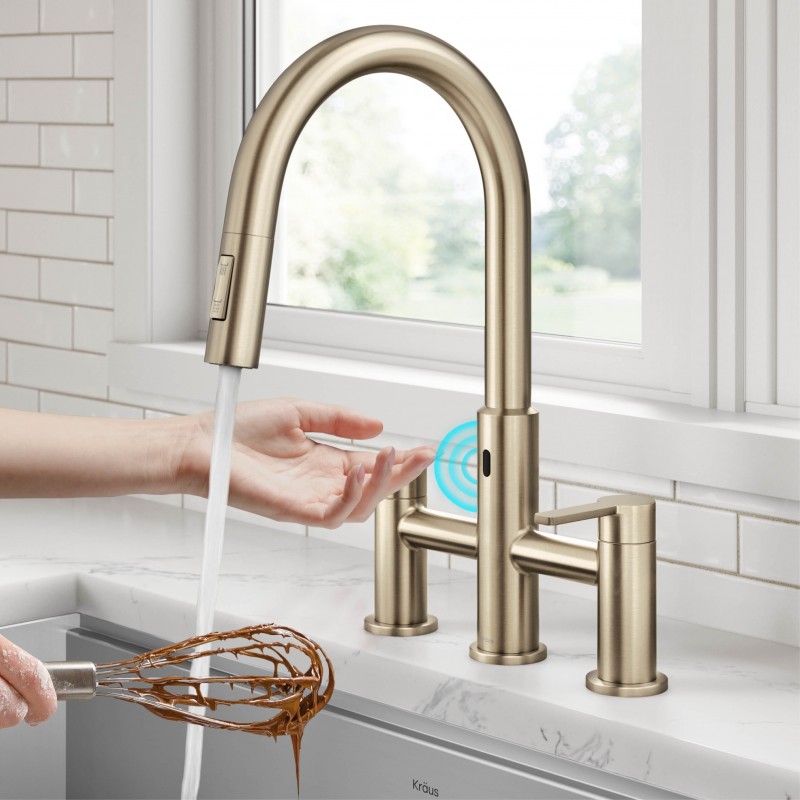 Oletto™ Touchless Sensor Bridge Kitchen Faucet with Pull-Down Sprayhead in Spot-Free Antique Champagne Bronze